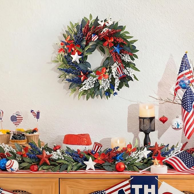 DecorbyHannah 4th of July Wreaths for Front Door, 18 inch Patriotic Wreath for Independence Day, Flag Day, Red White Blue Wreath Decorations with Top Hat Ornaments for Wall Porch USA 250th Holiday