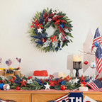 DecorbyHannah 4th of July Wreaths for Front Door, 18 inch Patriotic Wreath for Independence Day, Flag Day, Red White Blue Wreath Decorations with Top Hat Ornaments for Wall Porch USA 250th Holiday