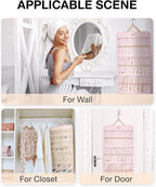 BAGSMART Hanging Jewelry Organizer Storage Roll with Hanger Metal Hooks Double-Sided Jewelry Holder for Earrings, Necklaces, Rings on Closet, Wall, Door, 1 piece, Extra Large, Pink