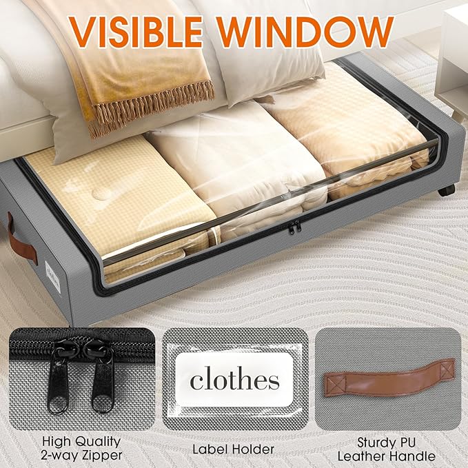 Under Bed Storage with Wheels 1Pack Underbed Storage with Clear Window&Label Under Bed Drawers Large Capacity Rolling Under Bed Storage for Clothes,Shoes, Blankets (Light Grey)