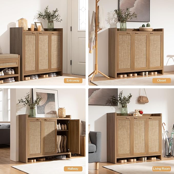 SICOTAS Shoe Storage Cabinet Set of 2, Large Tall Shoe Cabinet, Rattan Shoe Cabinet Storage for Entryway, Farmhouse Cabinet with Doors and Adjustable Shelves for Entryway Hallway Living Room