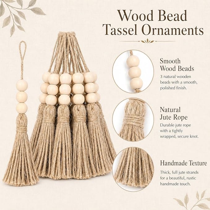 Jute Rope Tassel with 3 Wooden Beads - 20 Pcs Thick Handmade Jute Tassels for Garland Craft Decor Farmhouse Boho Home Door Hanging Decoration for Wedding Party Christmas DIY