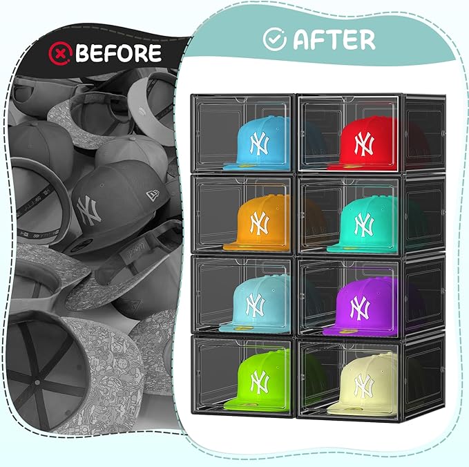 6 Pack Hat Organizer Box, Stackable Clear Baseball Caps Holder Box Containers with Magnetic Door for Hats Snapback Cap Storag, Hat Rack Display Case, Holds 8 Hats Each (Black)