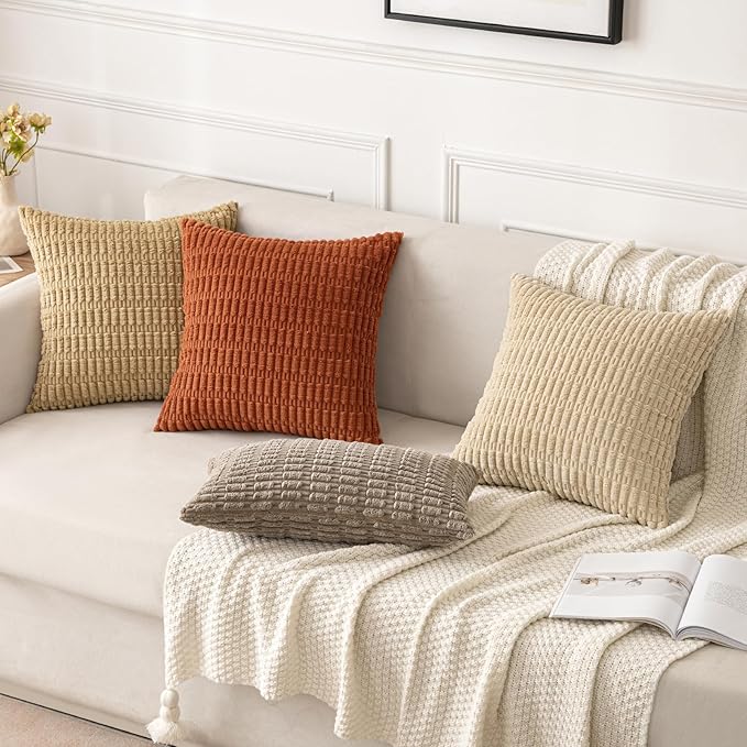 MIULEE Pack of 2 Corduroy Decorative Throw Pillow Covers 20x20 Inch Soft Boho Striped Pillow Covers Modern Farmhouse Home Decor for Sofa Living Room Couch Bed Tan