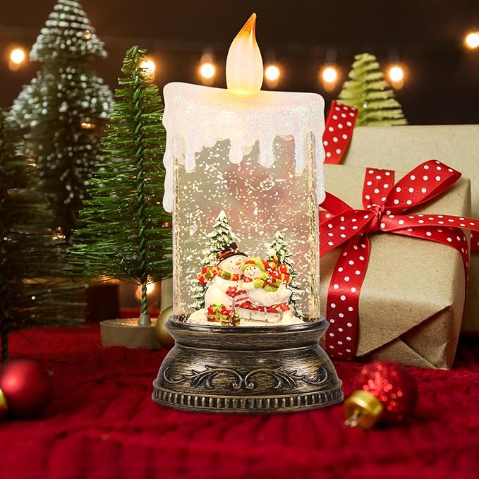 Wondise Rechargeable Musical Snow Globe Lantern with 6H Timer, Battery Operated USB Powered Lighted Snow Globe Lamp Spinning Water Swirling Glitters Holiday Decor Snowman