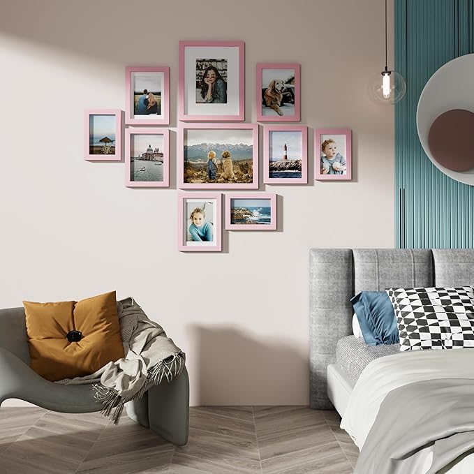 Vittanly 10 Pack Picture Frames Collage Wall Decor, Gallery Frame Set for Wall Mounting or Tabletop Display, Multi Sizes Including 2pcs 8x10, 4pcs 5x7, 4pcs 4x6, Pink