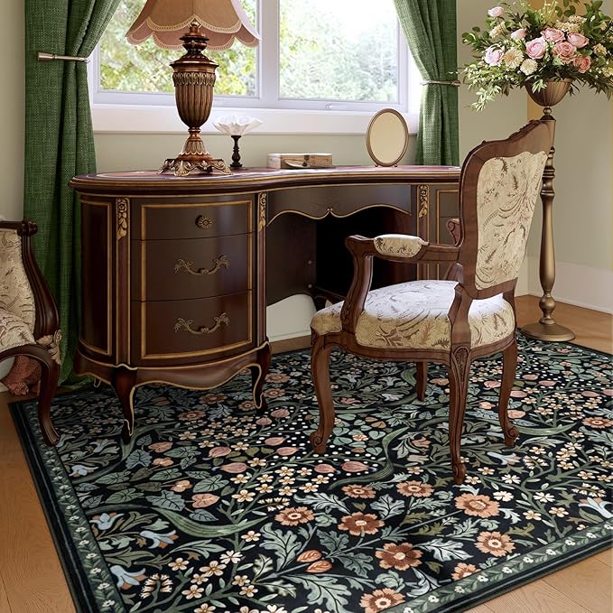 Moynesa Floral 5x7 Living Room Area Rug, Soft Washable Rugs for Bedroom, Non Slip Ultra Thin Boho Rug Botanical Stain Resistant Floor Carpet for Dining Room Home Office, Black