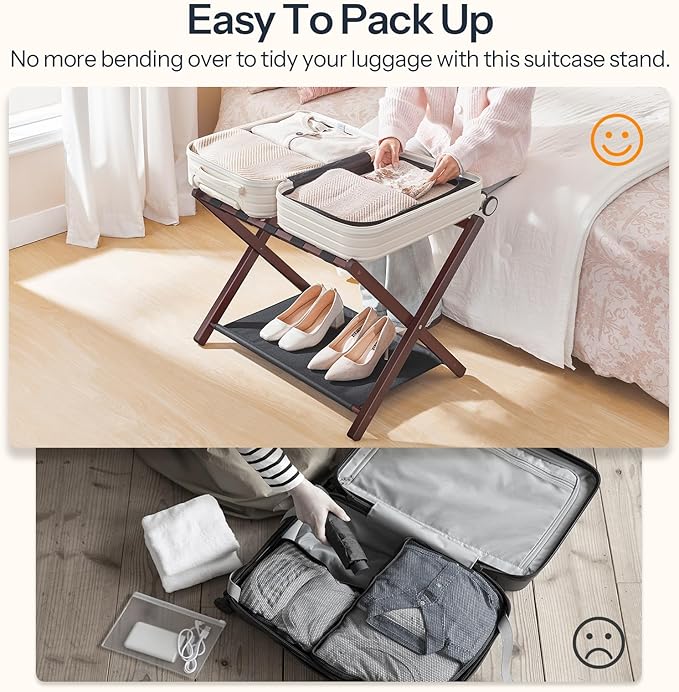 HOOBRO Luggage Rack, Bamboo Suitcase Stand, Folding Luggage Holder, with Nylon Straps and Oxford Fabric Shelf, for Guest Room, Hotel, Bedroom, Brown and Black BR17XL01G1