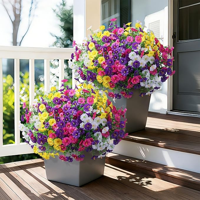 Ivydale 24 Bundles Artificial Flowers for Outdoors Faux Plants Spring Outdoor Decor Faux Silk Morning Glory with Eucalyptus Realistic UV Resistant for Outside Planters Porch Patio Garden Home Decor