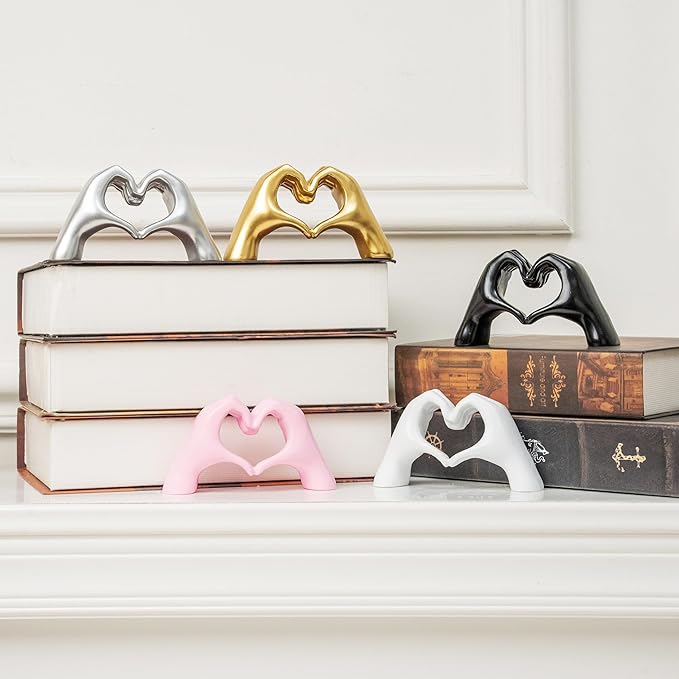 Small Heart Hands Sculpture Decor for Living Room Bedroom Bookshelf Coffe Table and Office Display, Love Finger Statue Modern Aesthetic Home Decor, Unique Gift for Wedding Christmas Birthday (Silver)