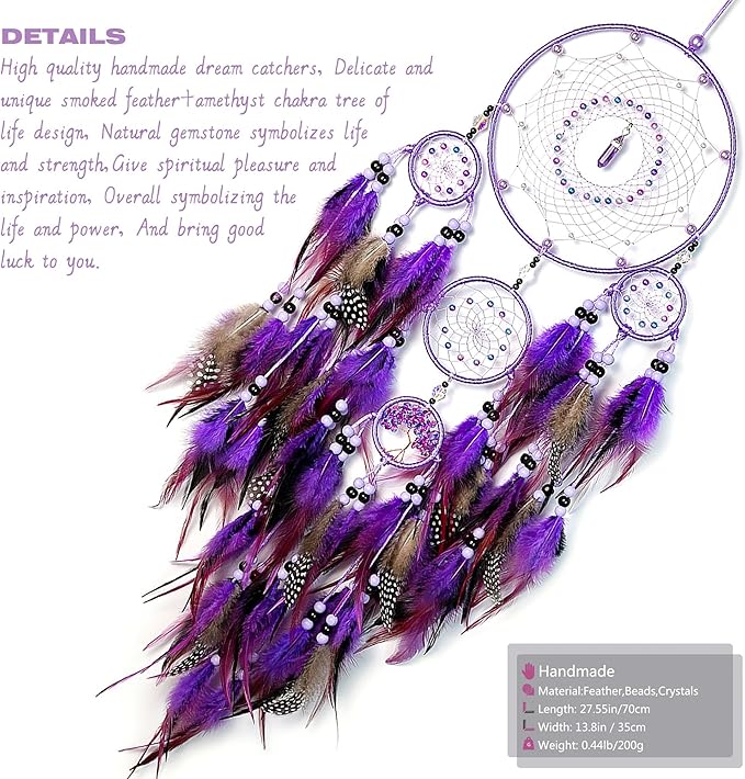 Large Dream Catchers, Boho Handmade Native Macrame Dream Catchers Wall Hanging for Bedroom Living Room Wedding Party Decor, Festival Blessing Gift for Kids Boys Girls (Purple & Black)