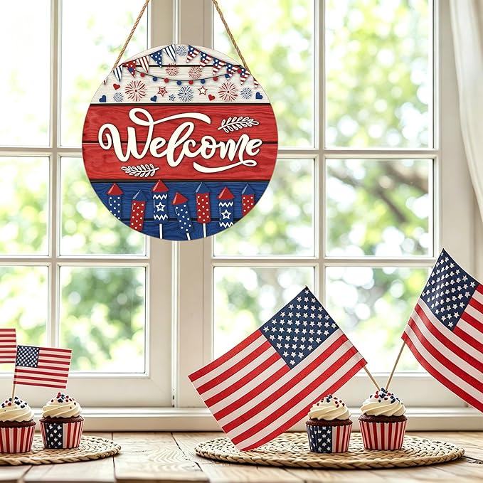 Memorial Day Decorations Door Sign for Front Door, Independence Day Patriotic Wreaths Welcome Sign, Round Wood Hanging Door Sign for Memorial Day 4th of July Patriotic Wreaths Outdoor 12”x 12”