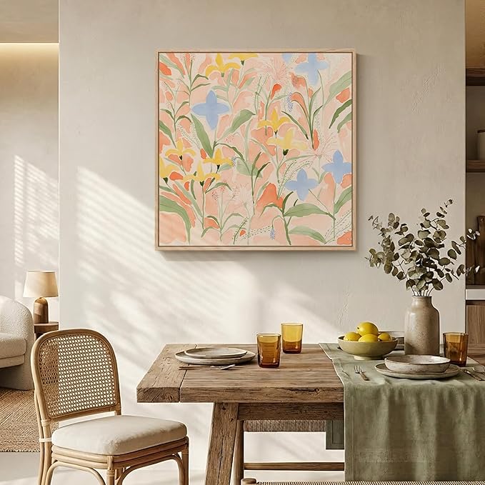 Framed Square Boho Abstract Floral Wall Art for Living room, Neutral Flower Watercolor Painting Print Canvas Artwork for Walls, Pastel Bohemian Botanical Wall Decor for Bedroom Home Office, 24x24 Inch