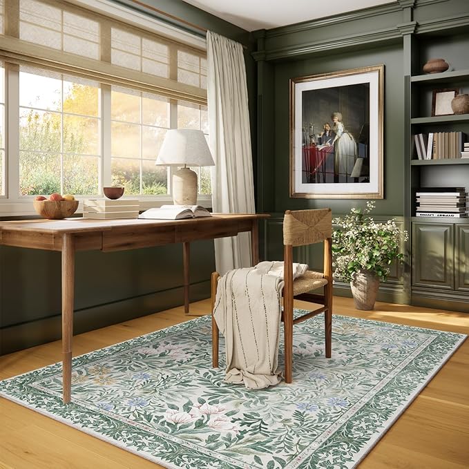 Botanical Floral Area Rug 4x6 Light Green Cream Vintage Garden Design, Perfect for Living Room, Bedroom, Kids Room, Nursery - Stain & Water Resistant Non-Slip, Pet & Child Friendly Area Rugs