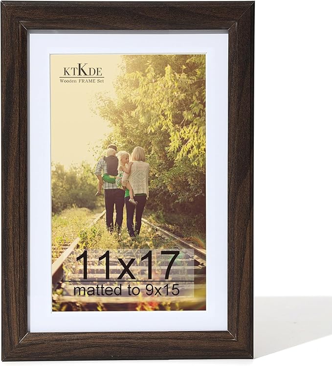 KTKDE 11x17 Picture Frame Real Glass,Poster frame Display Pictures 9x15 with Mat or 11x17 Without Mat, Modern Style Wood Composite Frame,Gallery Wall Frame Wooden Walnut，best gift