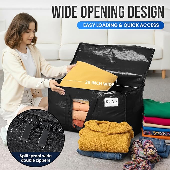 TAILI Extra Large Moving Bags, 6 Pack Black Heavy Duty Totes For Storage with Visible Window, Wrap Around Handles, Storage Bags for Space Saving, Alternative to Moving Boxes