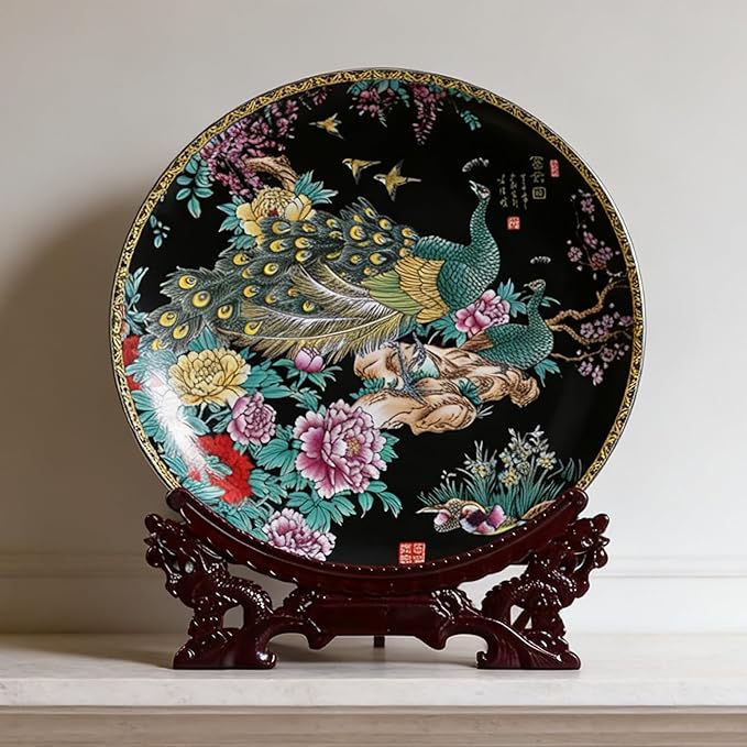 Peacock Decorative Plate with Stand, Oriental Art Decor, Chinese Style Floral Bird Art Plate, Display Dish for Living Room, Elegant Home Feng Shui Decoration Gift (2026 Art Collection) (Black Peacock)