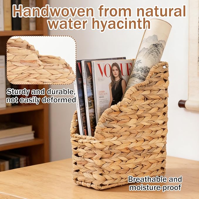 Water Hyacinth Magazine Holders, Scalloped Edge, Natural Handwoven Rattan Storage Baskets, Large and Small Size Packages, Storage Bin & Organizer for Files, Books, Newspapers, Decorative Storage Bin