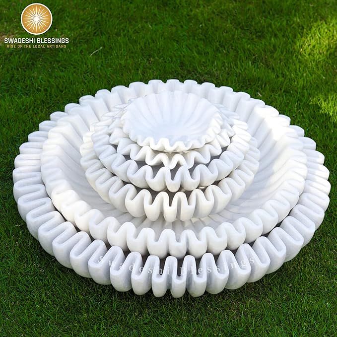 SWADESHI BLESSINGS HandCrafted Marble Ruffle Bowl/Antique Scallop Bowl/Fruit Bowl/Vintage Ring Dish/Decorative Flower Dish/HouseWarming Gift/Wedding Gifts/Urli (7 Inches)