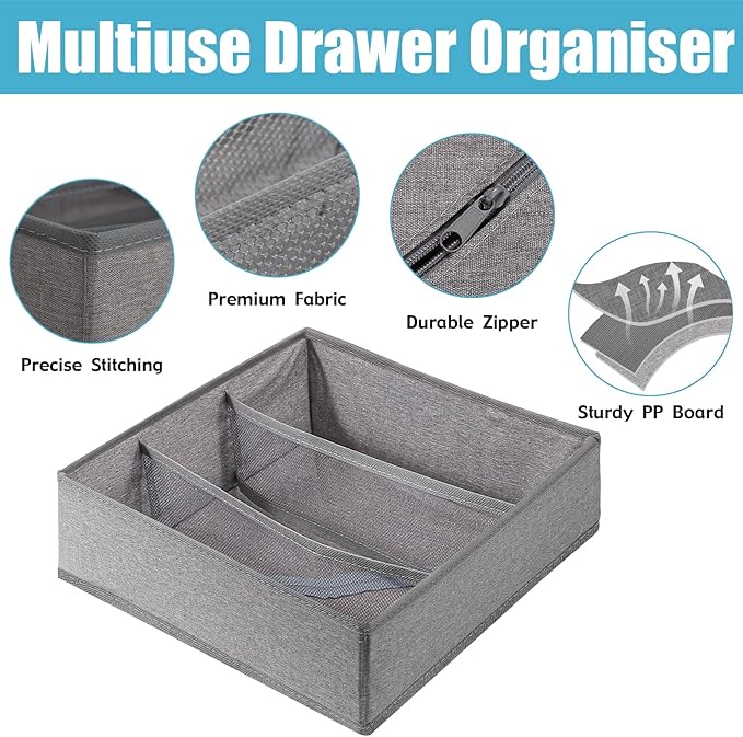 Bra Storage Drawers Organizer for Clothing Underwear Dresser Drawer Organizer Dividers Foldable Storage Cube Bins for Bra, Underwear,3 Pack （Grey）