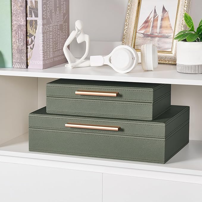 Decorative Box, Decorative Boxes with Lids 2-Set, Memory Box for Keepsakes, Beautiful PU Leather Decorative Storage Boxes in Style, Decor Box with Rose Metal Handle, Store Photos, Documents Green