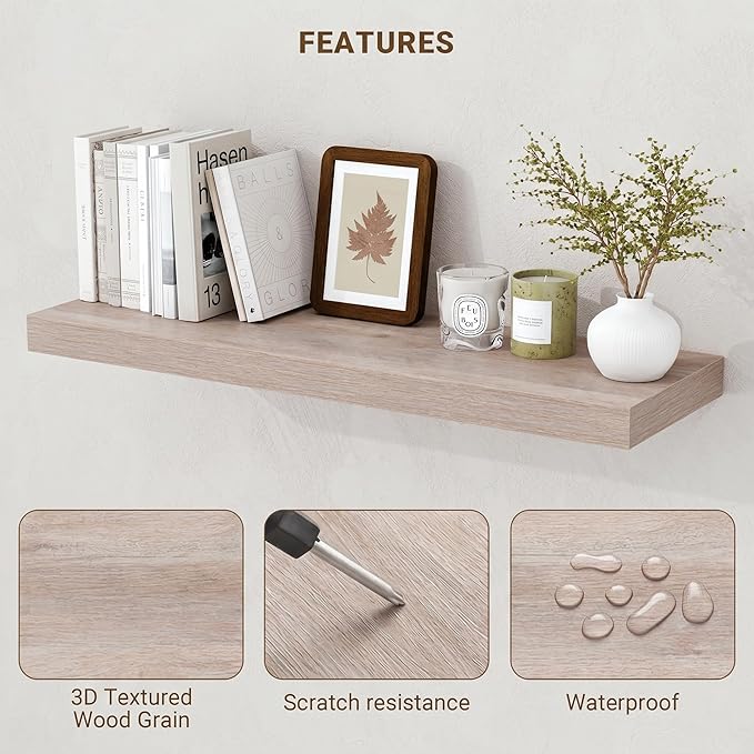 Acovy 16 Inch Floating Shelves, 3D Textured Wood Grain, 16"x9.25"x1.5" Inch Deep Floating Shelves for Wall, Wooden Shelves for Bathroom, Bedroom, Living Room, Washed White, 2 Pieces