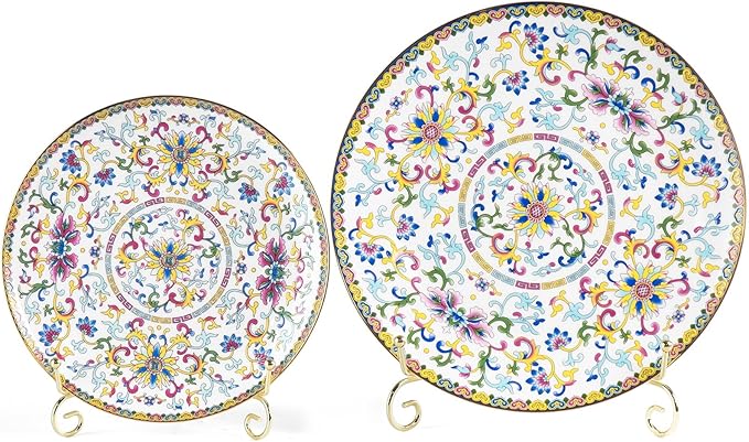 KAMMAK Decorative Plates Set for Display, White Ceramic Plate Decor with Stand, Handmade Vintage Porcelain Ornament for Table, Living Room, Kitchen, Office, Perfect Chinese Style Dish Gift (8in+10in)