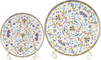 KAMMAK Decorative Plates Set for Display, White Ceramic Plate Decor with Stand, Handmade Vintage Porcelain Ornament for Table, Living Room, Kitchen, Office, Perfect Chinese Style Dish Gift (8in+10in)