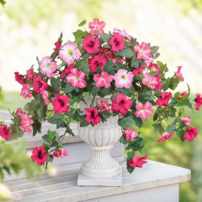 HyeFlora Artificial Flowers for Outdoors 2PCS Spring Faux Morning Glory Look Real Silk Flowers for Outside Planter UV Resistant Fake Flowers for Home Garden Balcony Yard Porch Deco (Pink)