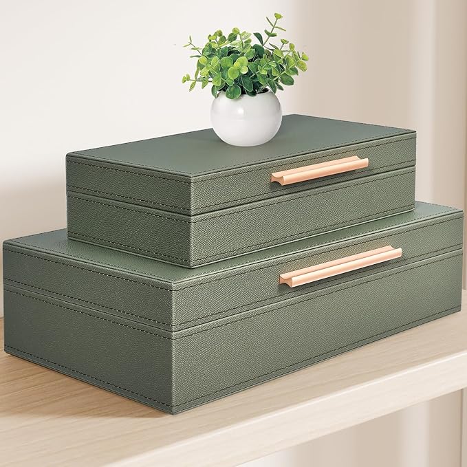 Decorative Box, Decorative Boxes with Lids 2-Set, Memory Box for Keepsakes, Beautiful PU Leather Decorative Storage Boxes in Style, Decor Box with Rose Metal Handle, Store Photos, Documents Green