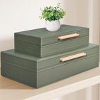 Decorative Box, Decorative Boxes with Lids 2-Set, Memory Box for Keepsakes, Beautiful PU Leather Decorative Storage Boxes in Style, Decor Box with Rose Metal Handle, Store Photos, Documents Green