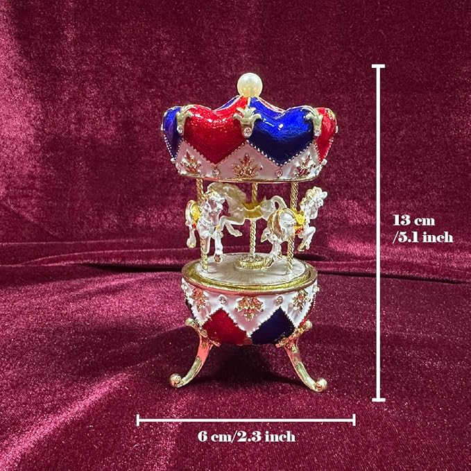 Carousel Music Box Figurine Red/Blue Diamond Pattern, Pearl Top & Spinning Mechanism, Unique Home Decor & Gift Idea