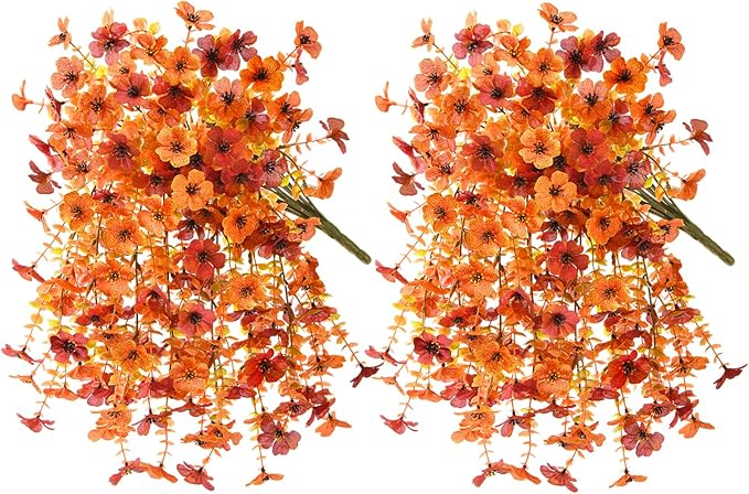 Artificial Fall Flowers for Outdoors, 2PCS Silk Fake Flowers Realistic Daisy Mums UV Resistant Porch Patio Window Yard Decor (Fall Orange)
