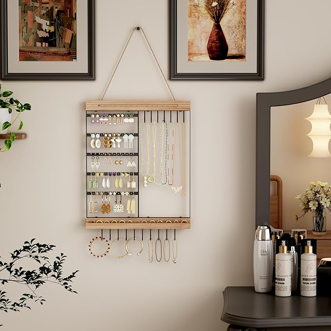 Hanging Jewelry Organizer, 5-Tier Wall Earring Holder with Wooden Ring Groove, Jewelry Rack Wall Mounted for Earrings, Necklaces, Bracelets and Rings, Jewelry Holder Stand, Black
