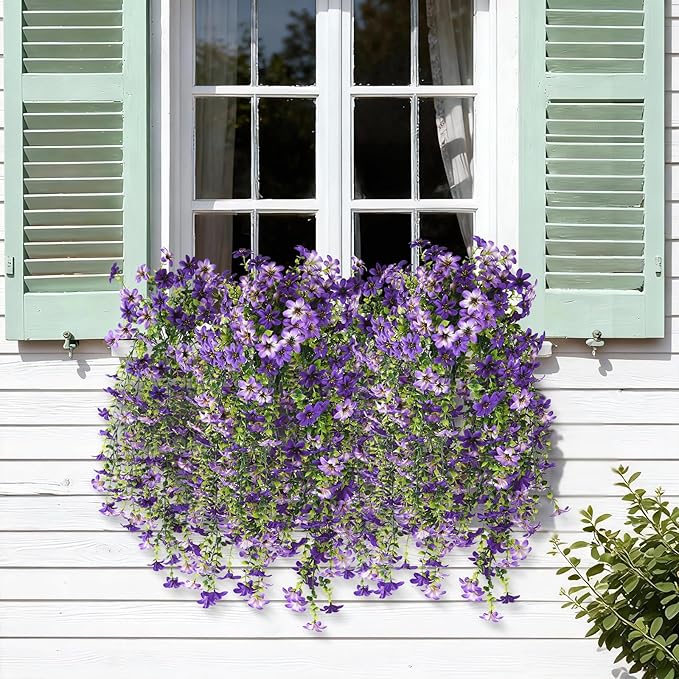 Artificial Hanging Flowers for Outdoors, 2 Pcs Fake Hanging Flowers Spring Summer Decor, UV Resistant Faux Artificial Outdoor Plants for Planter Front Door Porch Patio Garden Yard(Gradient Purple)