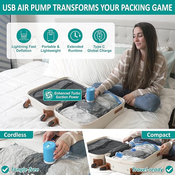 Cozy Essential Travel Vacuum Storage Bags with Rechargeable Cordless Electric Pump, Space Saver Bags for Luggage, Suitcase, Carry-On, for Clothes, Blankets, Comforters, Pillows, 30 Combo
