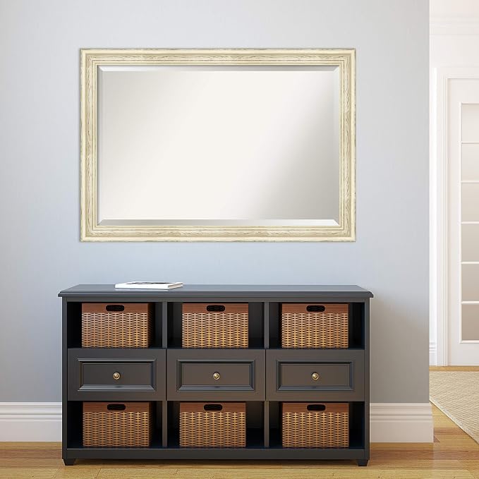 Amanti Art White Wall Mirror 28x40 Country White Wash Rectangle Bathroom Mirror for Wall Decor Living Room, Large Country Rustic Wood Frame, Hangs Horizonally and Vertically, Bathroom Decor, Beveled