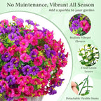 MARTINE MALL 12 Bundles Look Real Artificial Flowers for Outdoors, Realistic Fake Outdoor Flowers, UV Resistant Silk Petunia Flowers for Outside Faux Flowers Plants for Outdoor Porch, Purple+Fuchsia