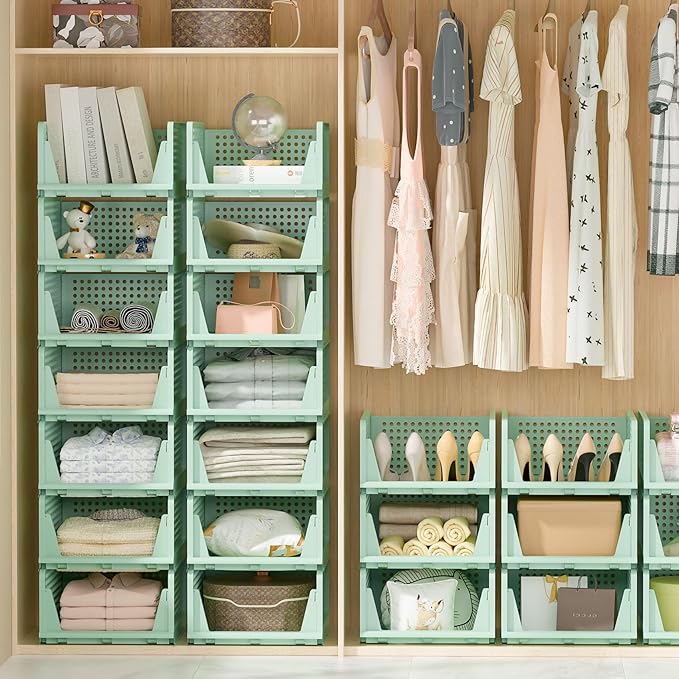Closet Organizer, 4 Pack Stackable Storage Bins for Closet Shelves, Plastic Storage Drawers Basket Weekly Clothes Organizer for Kids(4L)（Green）