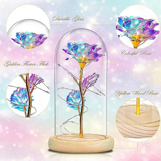Valentines Day Rose Gifts for Her,Birthday Gifts for Women,Valentines Flowers Gifts for Women,Valentine's Day Roses Gifts for Mom Girlfriend Wife,Colorful Rose In A Glass Dome Gifts for Valentine Day
