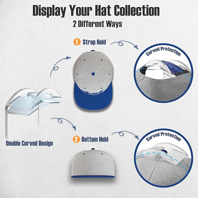 Hat Hangers for Wall, Stronge Adhesive Hat Holders Display, No Driling Caps Holder Organizer, 10 Pack Hat Hook for Baseball Caps, Wall Mounted Cap Rack, Translucent Black