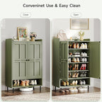 ONBRILL Shoe Cabinet with Cross Molding Doors, 6-Tier Shoe Storage Cabinet with 3 Adjustable Shelves and Metal Legs, 45'' Tall Shoes Rack Organizer Cabinet for Entryway, Front Door, Green