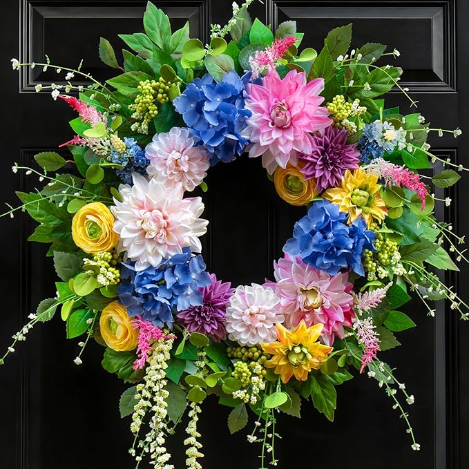 Spring and Summer Wreaths for Front Door 24 Inch Summer Wreath with Vibrant Dahlia, Gerbera Daisy & Primula Floral Arrangement - All Seasons Summer & Spring Door Wreath for Outside Decor