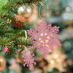 Whaline 40Pcs Pink Glitter Snowflake Winter Snowflake Ornaments Christmas Hanging Decorations with 197 Inches Silver Rope for Wedding Birthday Home Xmas Tree Window Door Accessories
