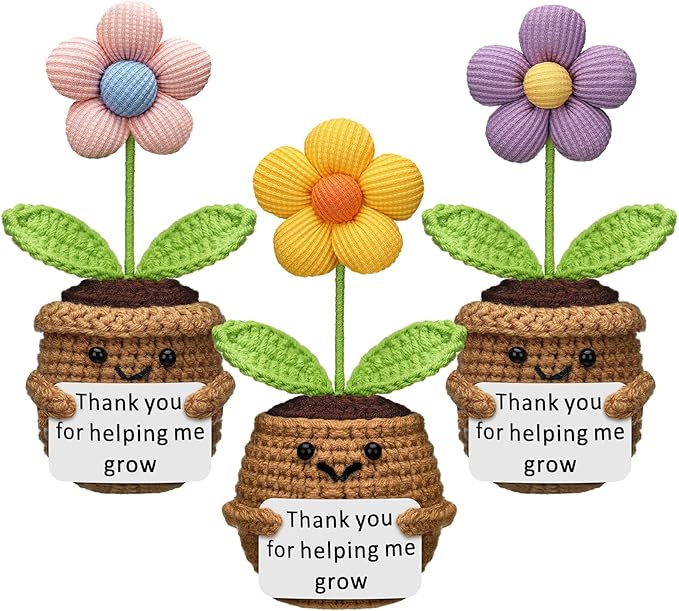 Wavwavw 3 Pack Teacher Appreciation Gift Positive Flower Handmade Crochet Doll Thank You for Helping Me Grow Gifts Back to School Gifts for Women Teacher(Cute Flower)