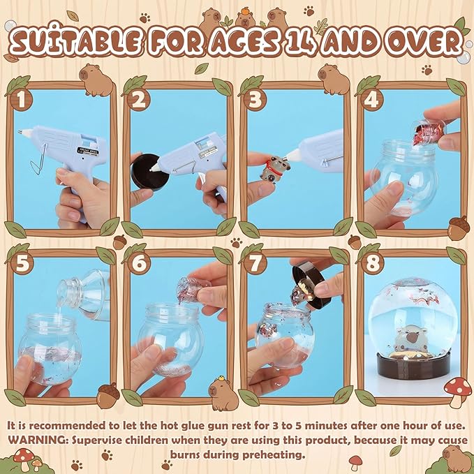 12 Sets Capybara Clear Plastic Snow Globes Kit with Glow in the Dark Resin Capybara, Sequins Flakes, Glue Guns for DIY Snow Globes Craft Gifts for Birthday Party Favor