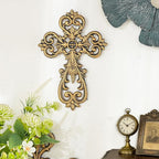 Sungmor Vintage Cast Iron Cross Wall Decor, 9.8" Tall Heavy Duty Rustic Gold Finish Wall Sculpture,Ornate Metal Art Farmhouse Home Decor