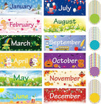 Zonon 48 Pieces Holiday Monthly Headliners Set 12 Months of The Year Headers Seasonal Monthly Bulletin Board Borders with 36 Round Blank Confetti Cutouts(Cute Style)