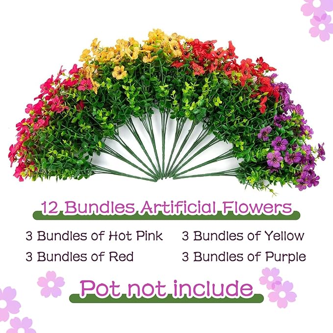 Artificial Flowers for Outdoors,Faux Flowers Daisy with Eucalyptus Leaves for Indoor Garden Home Decor,UV Resistant Artificial Flower Fake Plants for Porch, 12 Bundles (Mix Pink Red Purple Yellow)