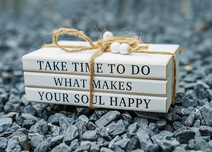 3 Pieces Wooden Decorative White Books, Rustic Farmhouse Faux Books for Coffee Table Shelves with Wood Bead Tassels and Leaves, 7'x 4.6'x 2.5' (Take Time to Do, What Makes, Your Soul Happy)